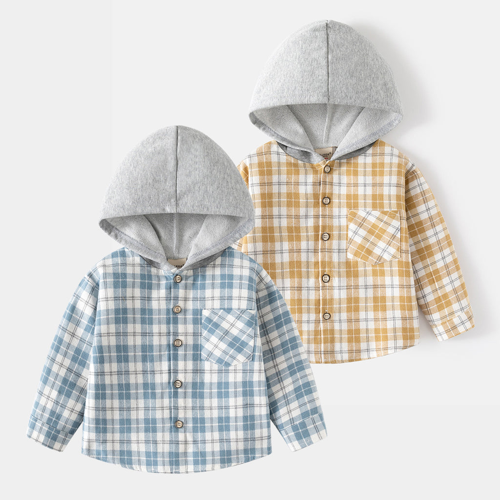 Boys Hooded Plaid Long Sleeve Shirt Jacket