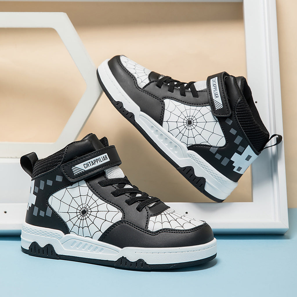 Boys Mid-Top Spider Print Casual Sneakers - Cool Athletic Sports Shoes