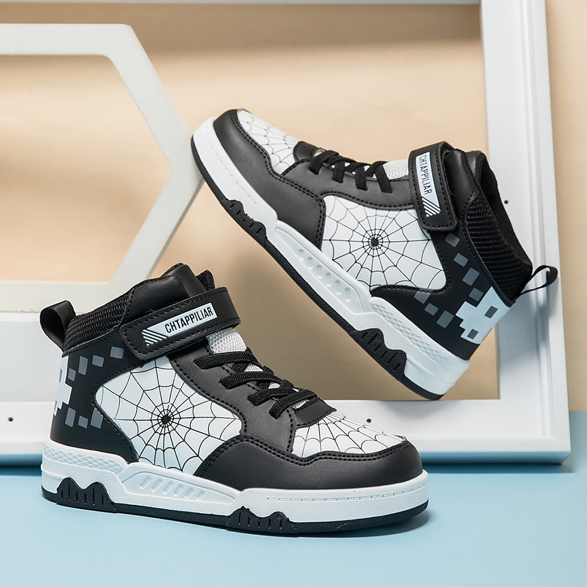 Boys Mid-Top Spider Print Casual Sneakers - Cool Athletic Sports Shoes