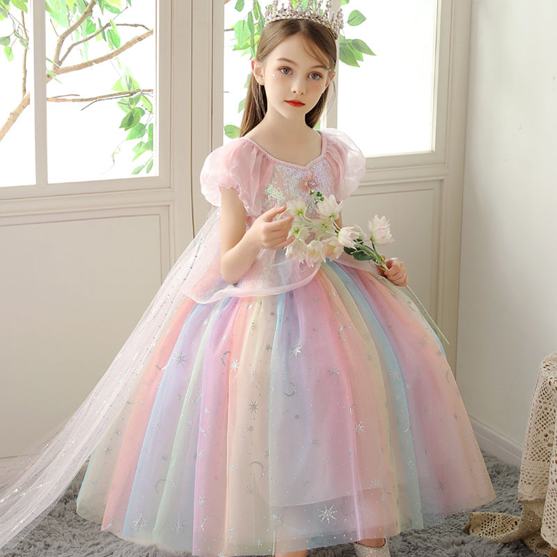 Girls Rainbow Princess Dress – Tulle Birthday Party Costume Dress for Kids