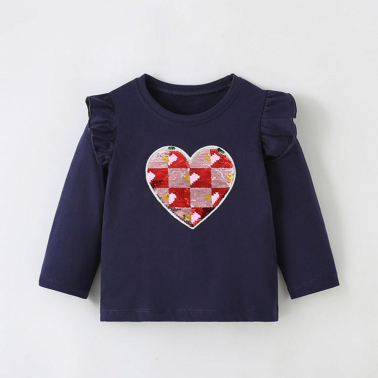 Girls’ Cartoon Heart Cotton Long Sleeve T-Shirt
