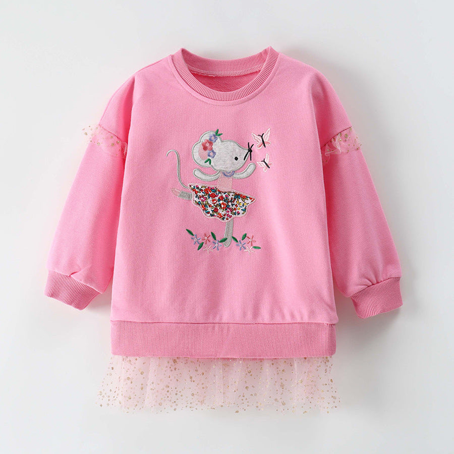 Girls’ Cute Embroidered Cotton Pullover Sweatshirt