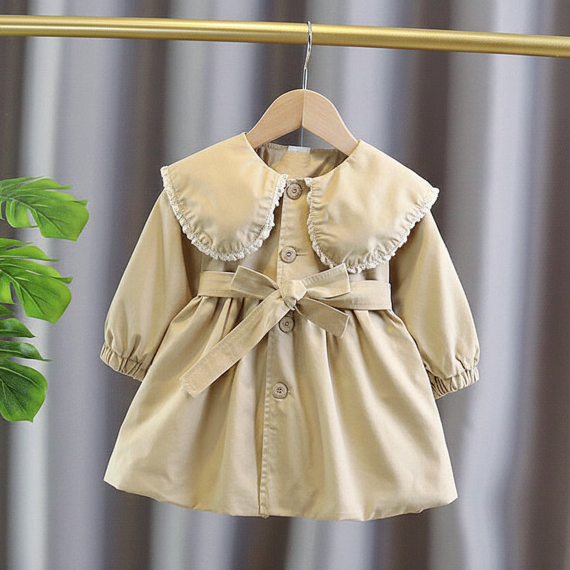 Girls’ French Style Big Collar Tie-Waist Trench Coat