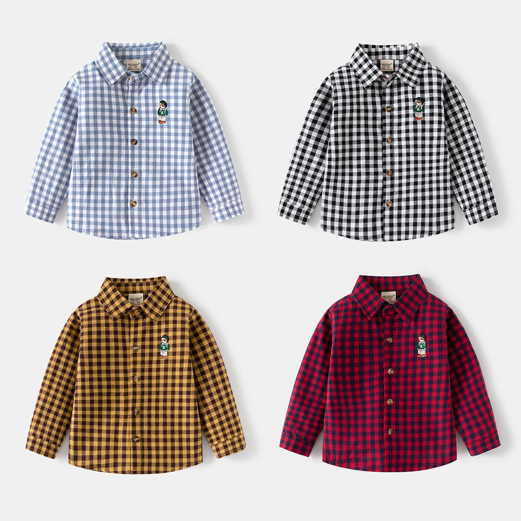 Boys’ Cartoon Embroidery Long Sleeve Cotton Shirt