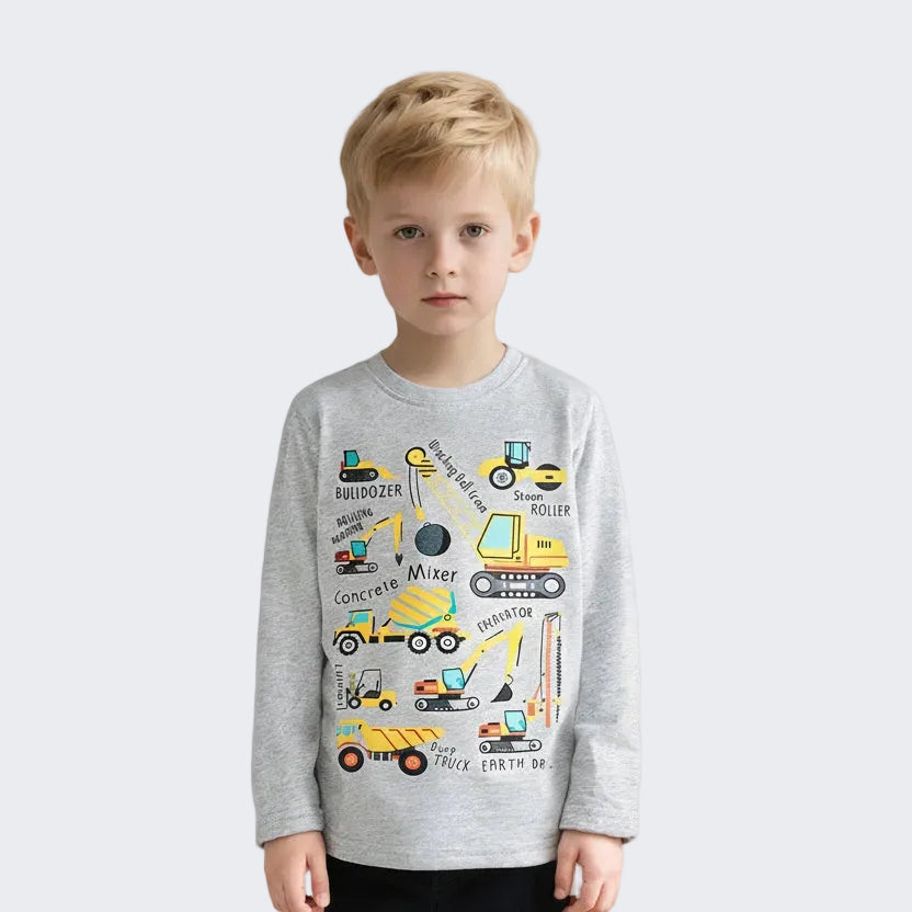 Camiseta de Manga Larga de Algodón con Estampado de Camión de Construcción para Niños