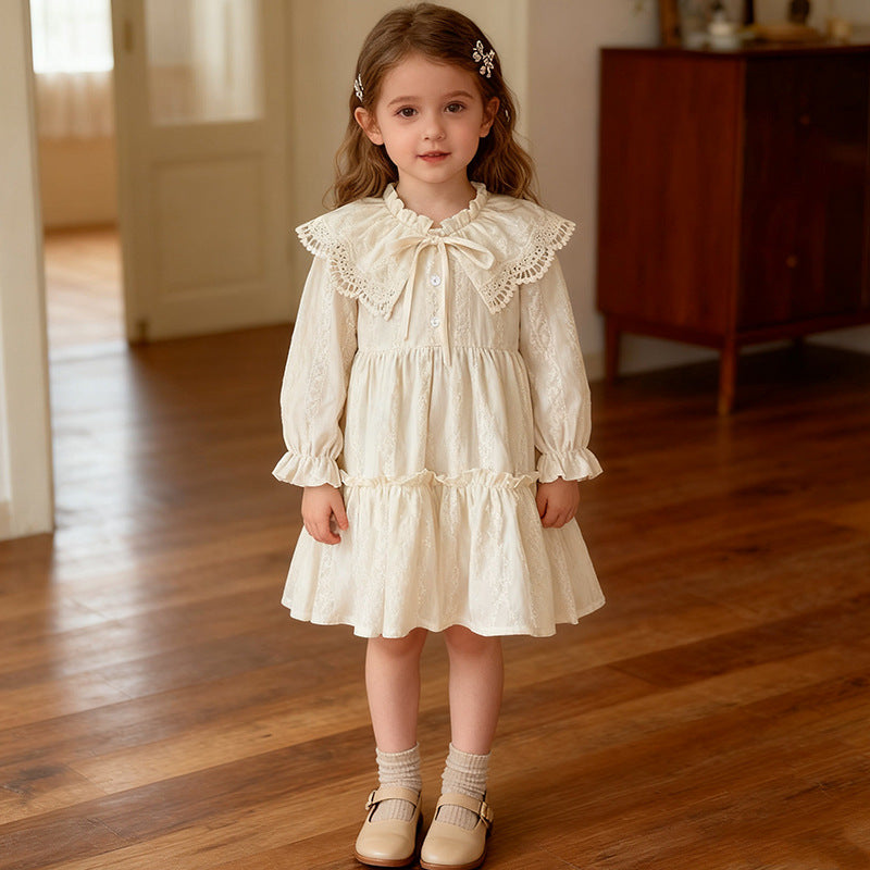 Girls’ 100% Cotton Lace Long Sleeve Dress with Vintage Ruffle Collar