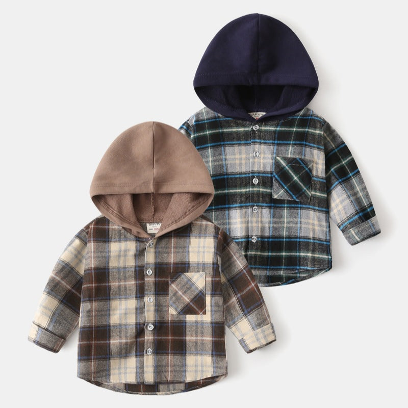 Boys Hooded Patchwork Plaid Pocket Long Sleeve Shirt Jacket