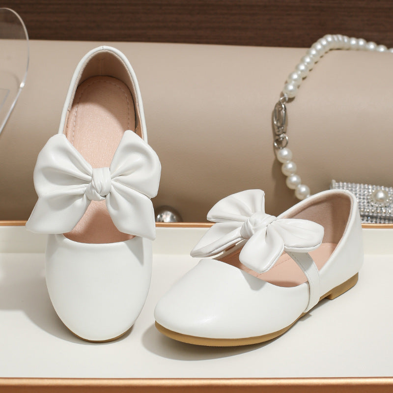Girls White Bow Princess Shoes Soft Sole Performance Flats Kids Dress Shoes