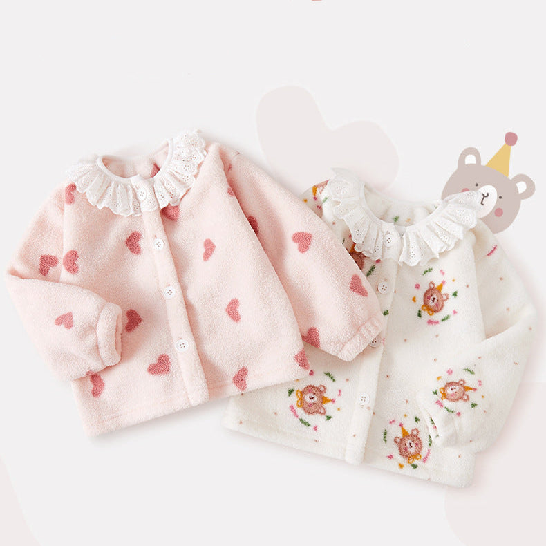 Chaqueta polar de doble cara con ribete de encaje para niñas
