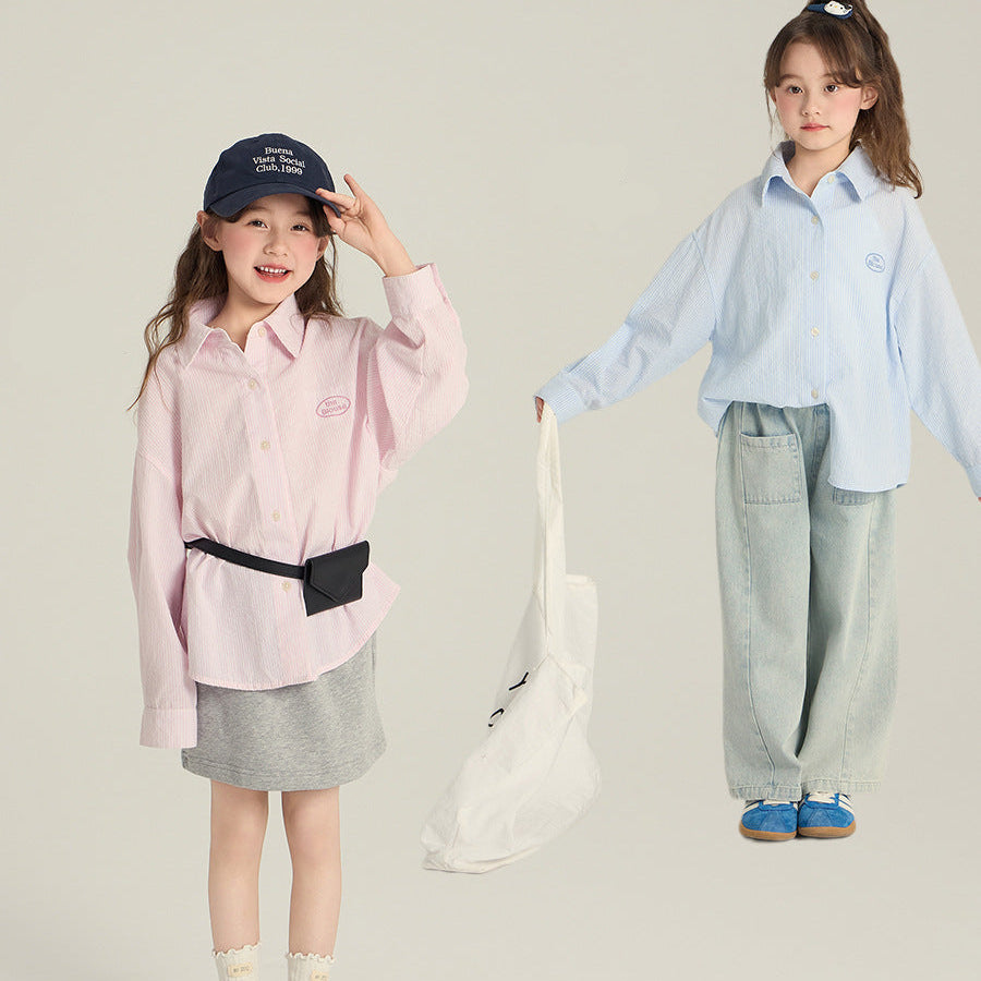Camisa Casual de Manga Larga de Algodón a Rayas para Niñas