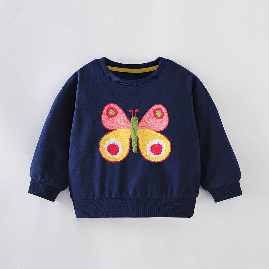 Girls’ Cartoon Butterfly Embroidered Cotton Pullover Sweatshirt