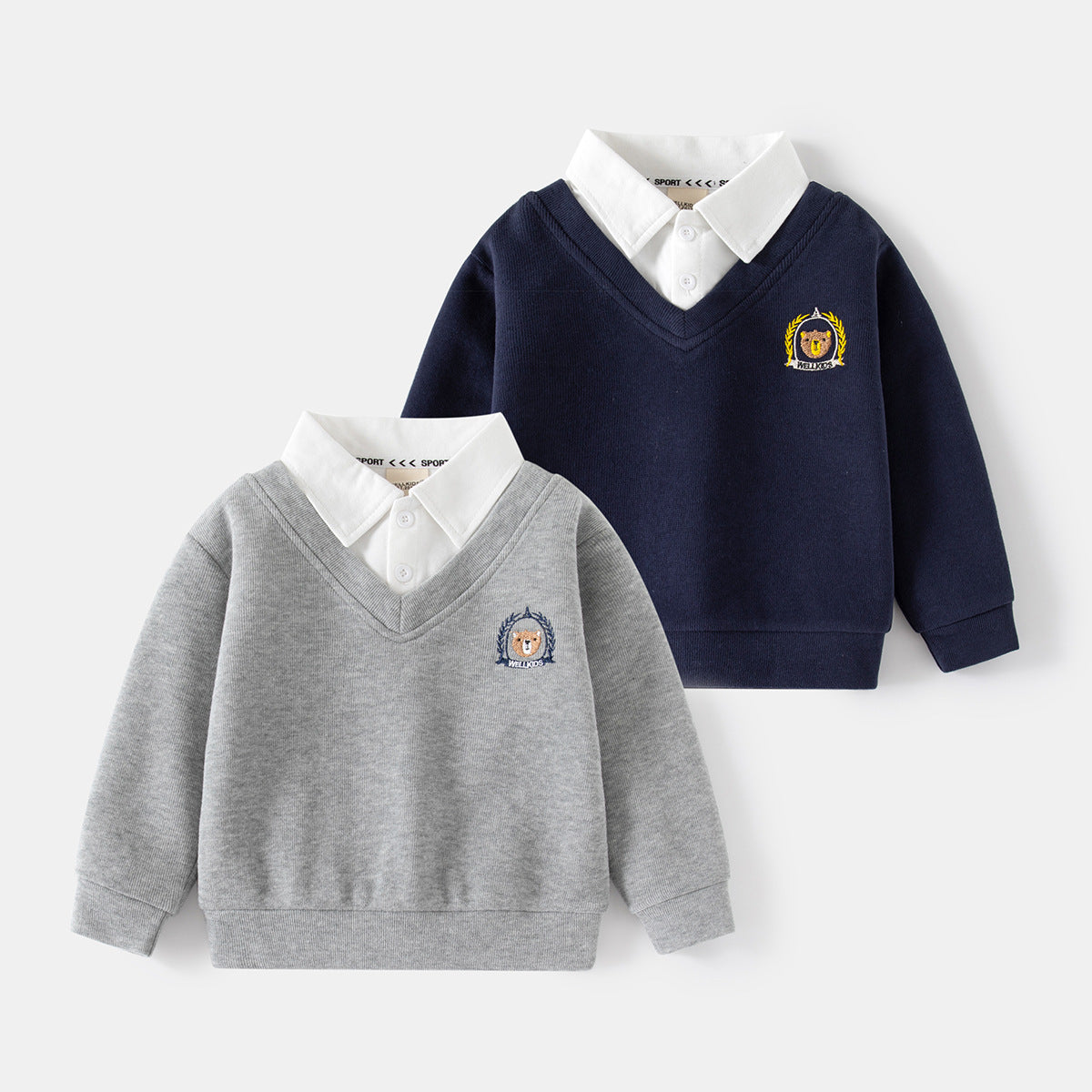 Boys V-Neck Faux Two-Piece Sweatshirt with Embroidered Bear Patch