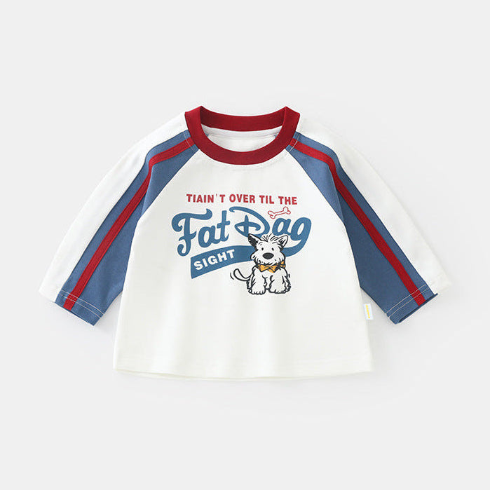 Boys Color Block Raglan Sleeve Cotton Long Sleeve T-Shirt with Dog Print