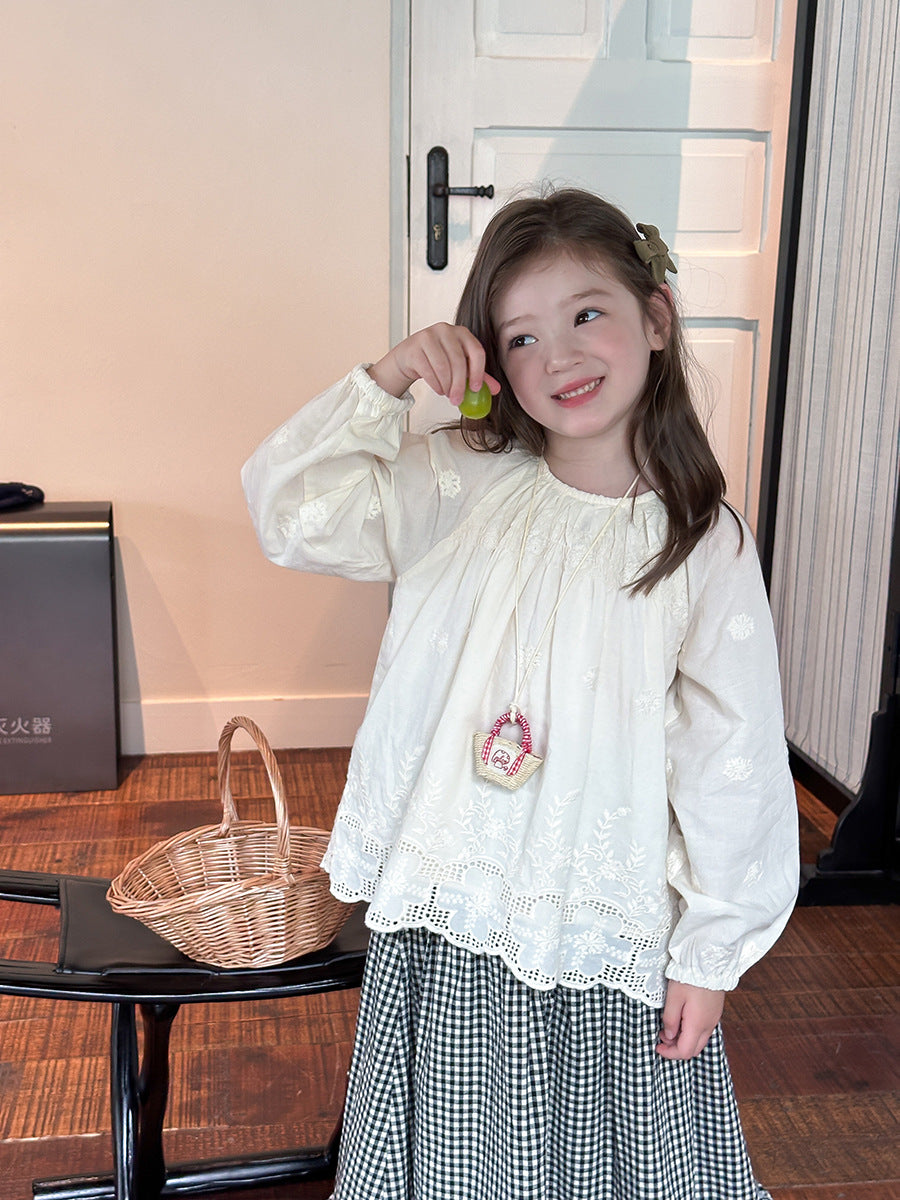 Girls’ Casual Embroidered Flower Long Sleeve Shirt