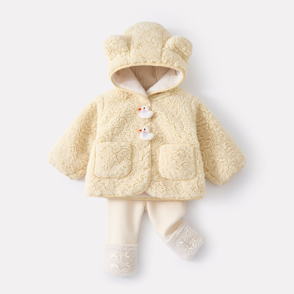 Baby Girl Fleece Lined Thick Cute Hooded Jacket and Pants Two Piece Set