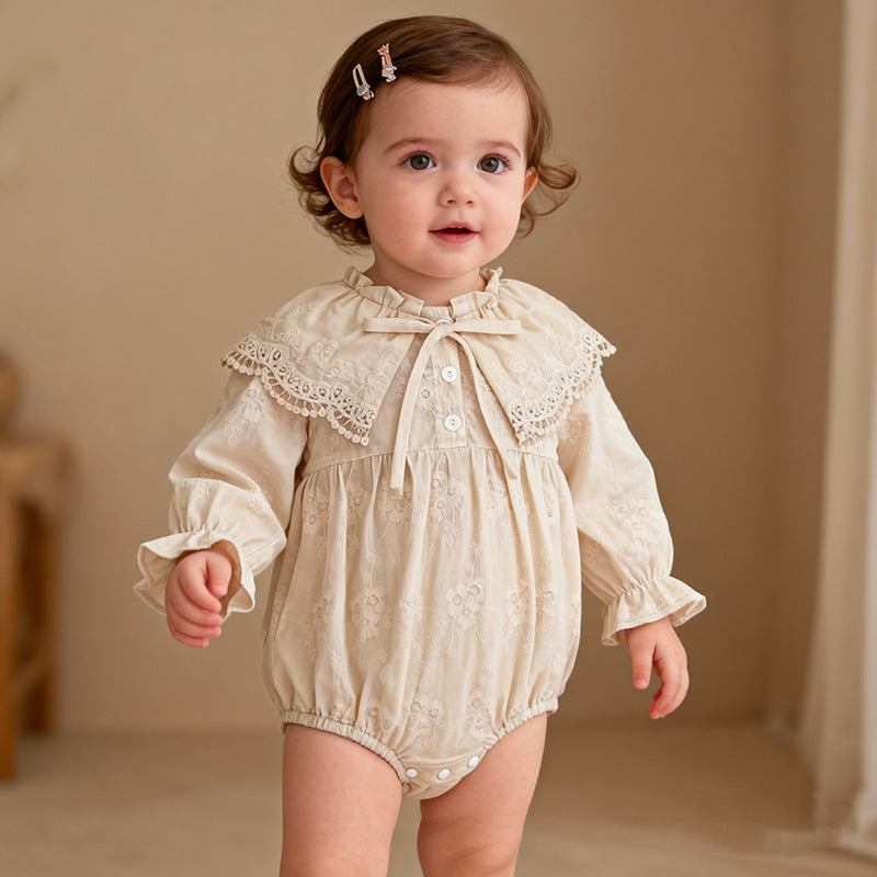 Baby Girl 100% Cotton Lace Long Sleeve Bodysuit with Vintage Ruffle Collar