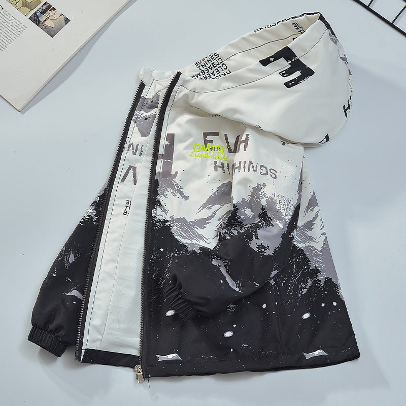 Boys’ Graphic Mountain Print Hooded Jacket