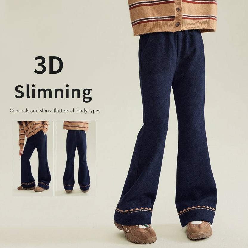 Girls’ Warm Fleece-Lined Embroidered Pants with Slight Flare
