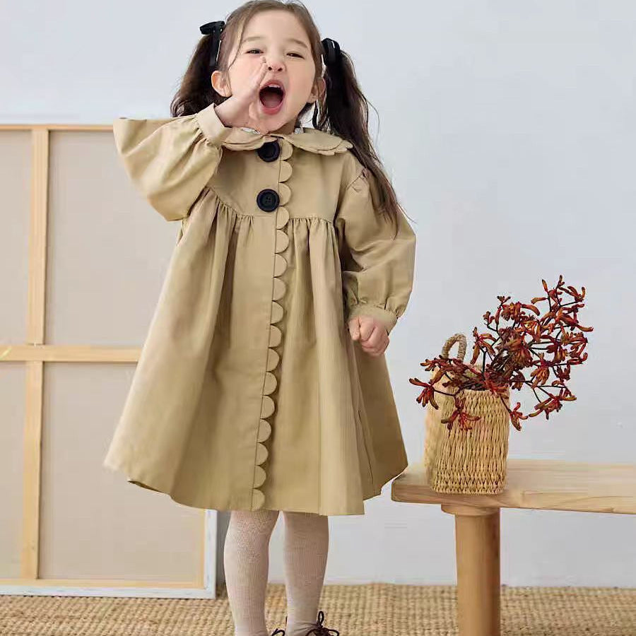 Girls’ French Style Scalloped Collar Mid-Length Trench Coat