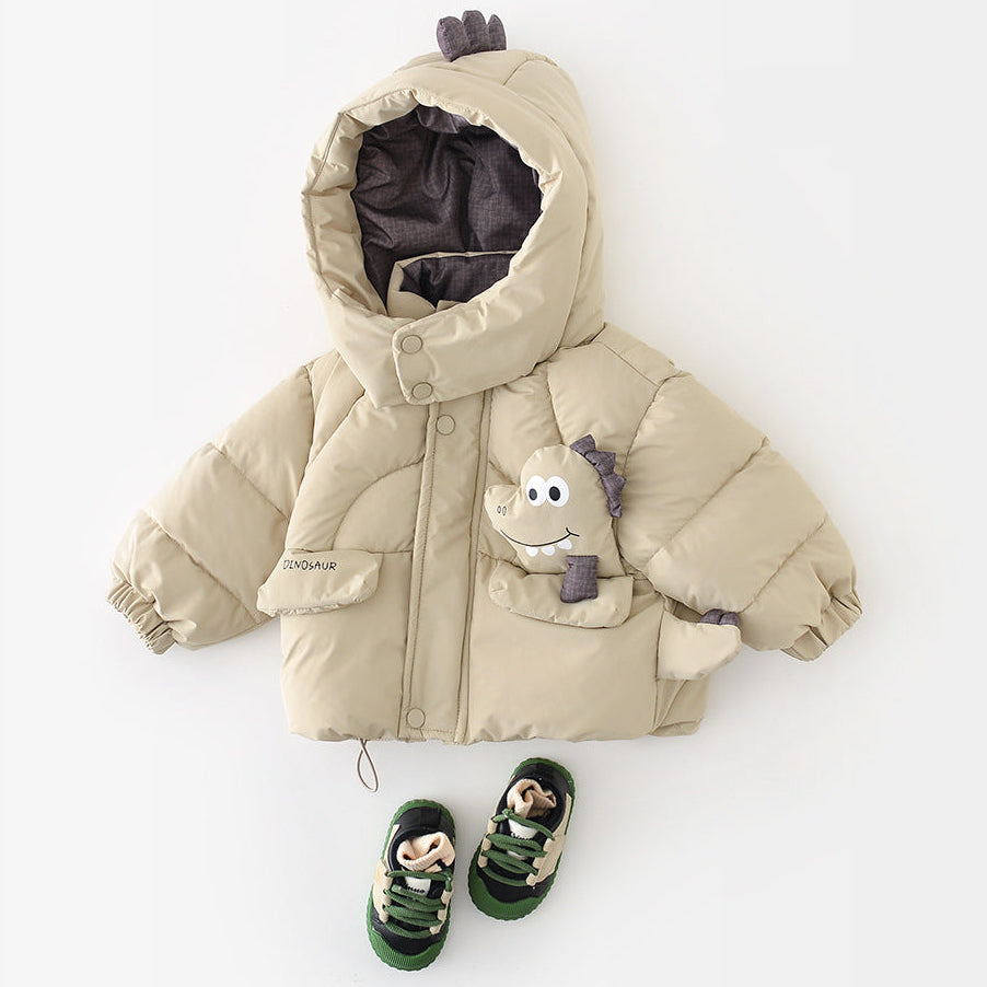 Chaqueta acolchada con capucha y forro polar grueso y cálido con diseño de dinosaurio para niños