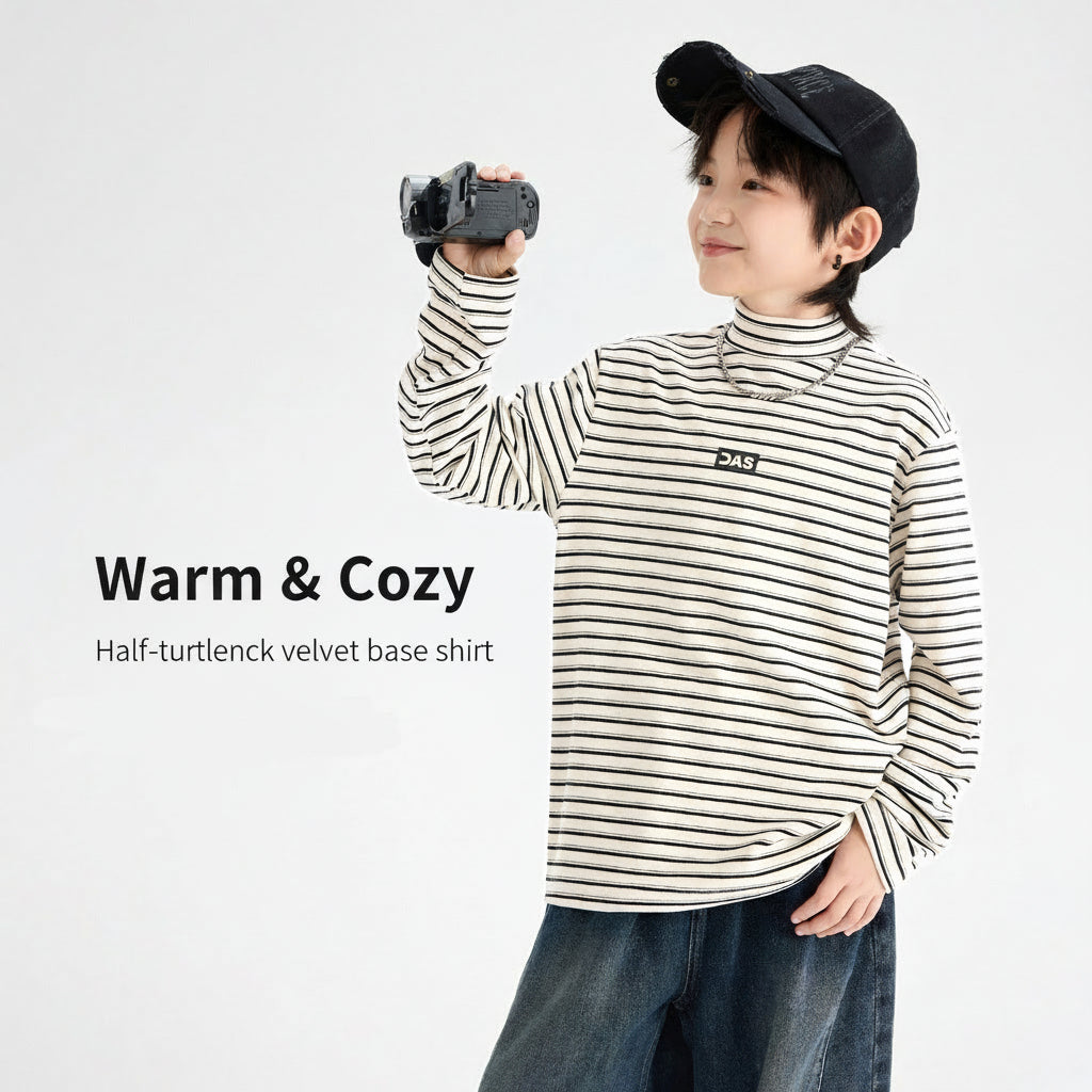 Boys Striped Mock Neck Fleece Long Sleeve T-Shirt