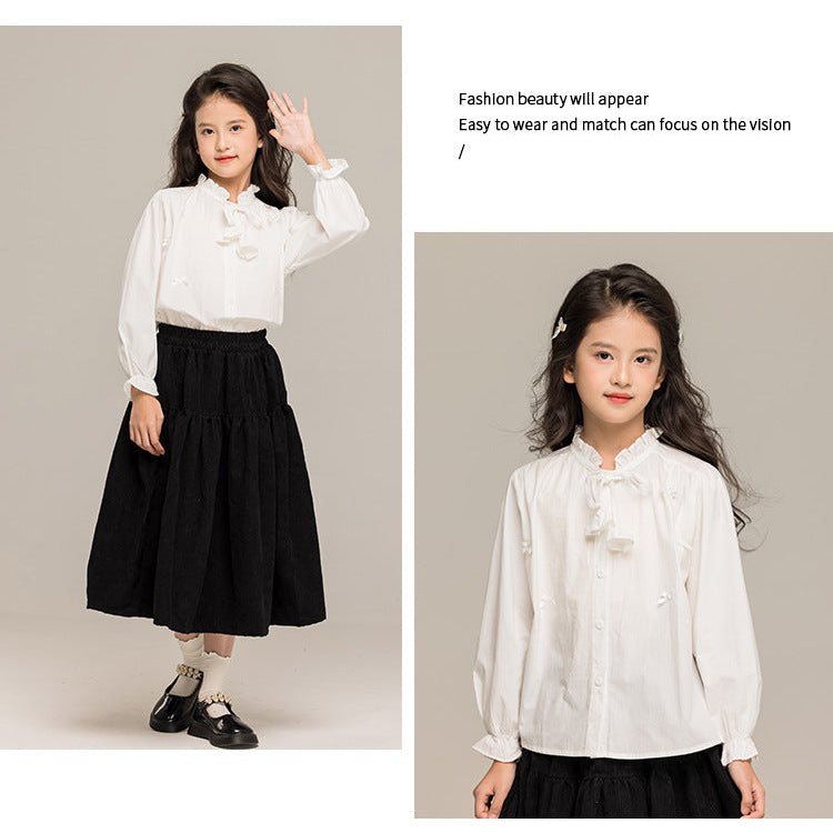 Girls French-Style Ruffle Collar Bow Long Sleeve Shirt & Skirt Set