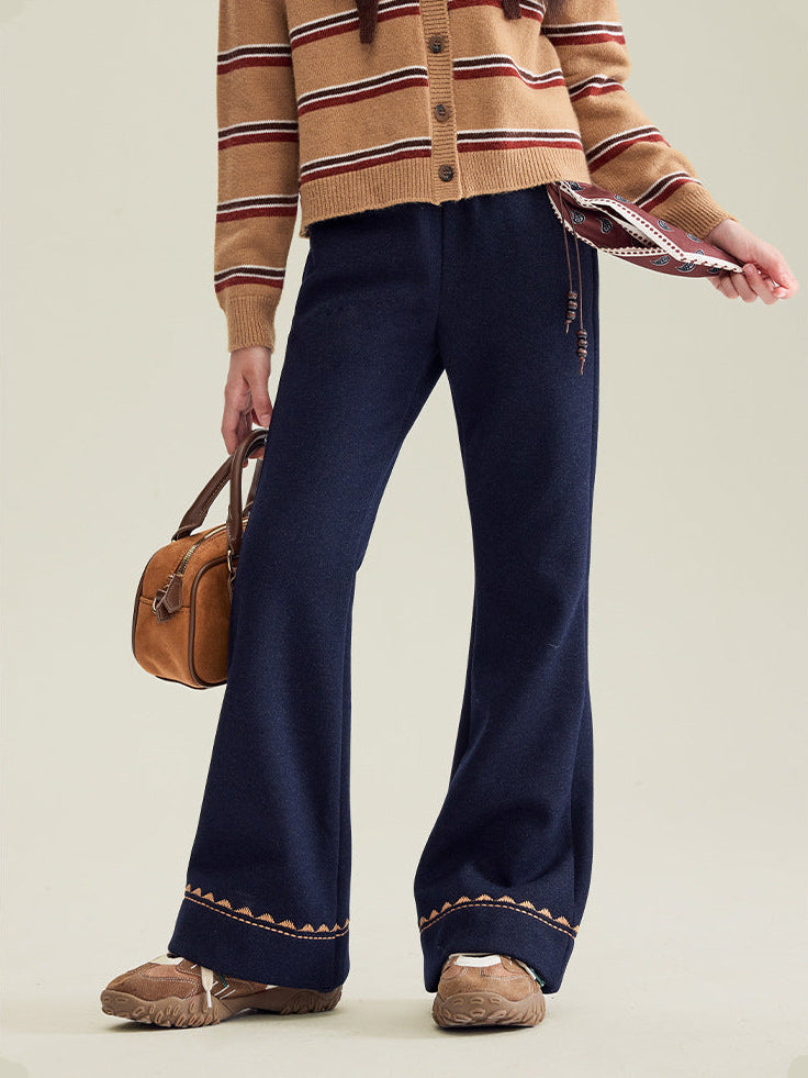 Girls’ Warm Fleece-Lined Embroidered Pants with Slight Flare