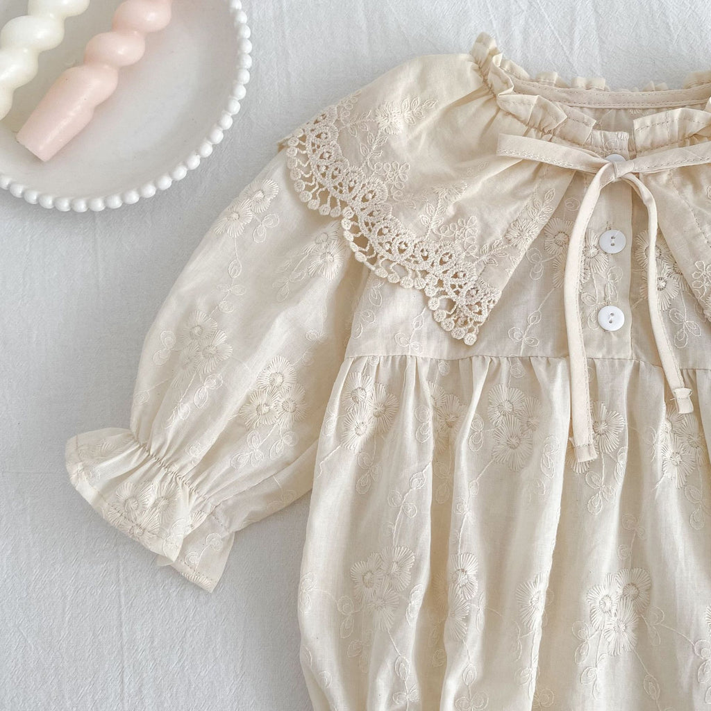 Baby Girl 100% Cotton Lace Long Sleeve Bodysuit with Vintage Ruffle Collar