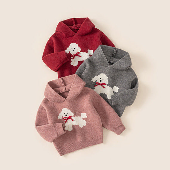 Boys Cute Dog Pattern Hooded Knit Sweater