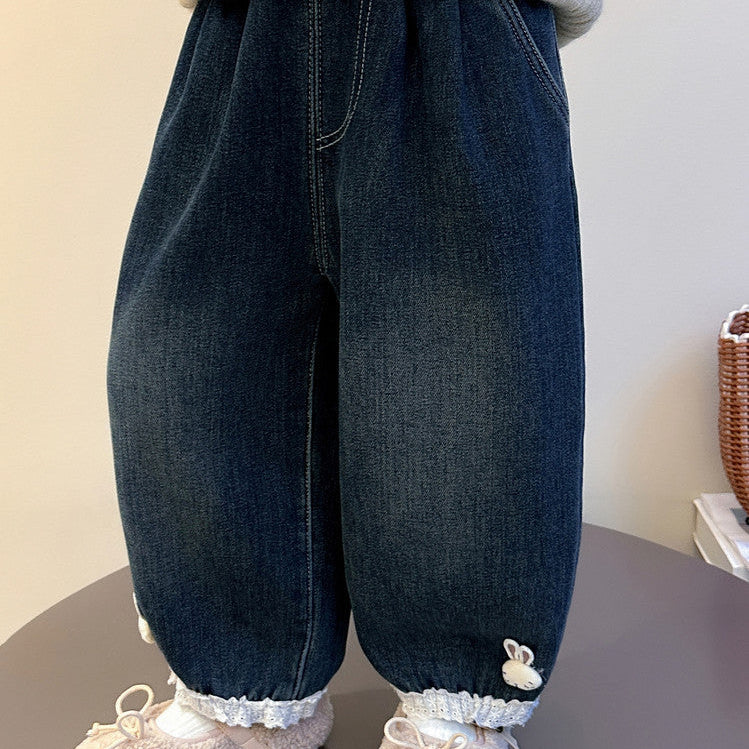 Mädchen Fleecegefütterte warme, niedliche Hasen-Jeans für den Alltag