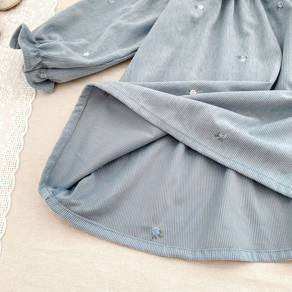 Girls’ Corduroy Long Sleeve Dress with Embroidered Peter Pan Collar
