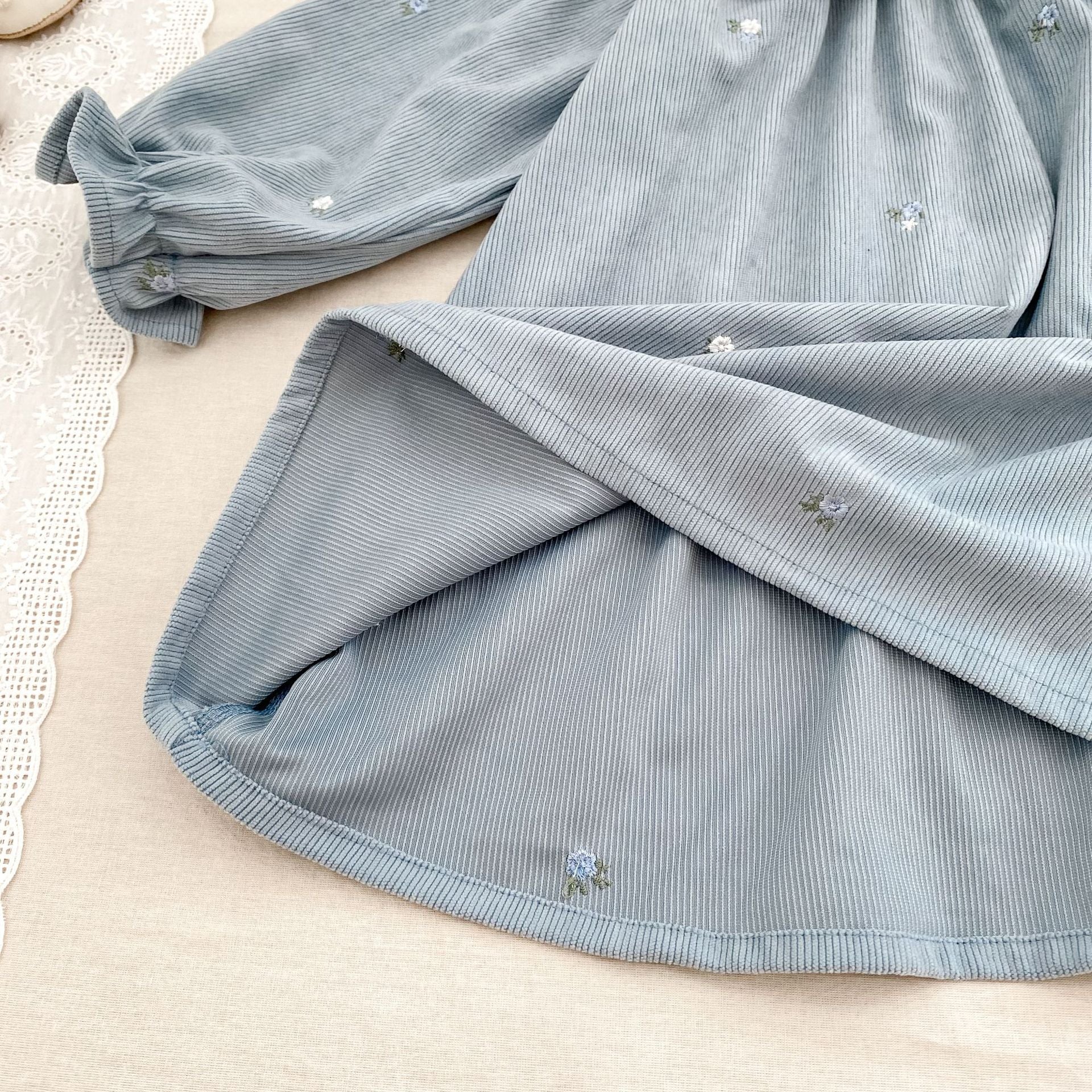 Girls’ Corduroy Long Sleeve Dress with Embroidered Peter Pan Collar