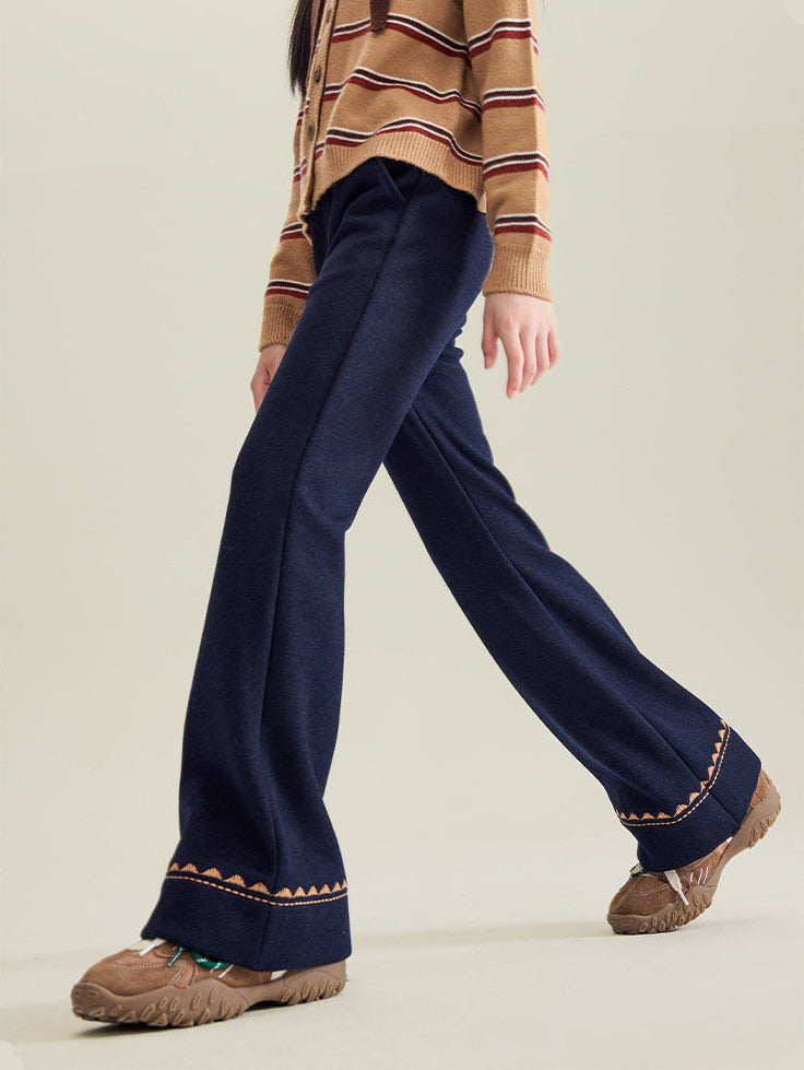 Girls’ Warm Fleece-Lined Embroidered Pants with Slight Flare