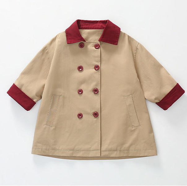 Girls’ French Style Contrast Collar Double-Breasted Mid-Length Trench Coat