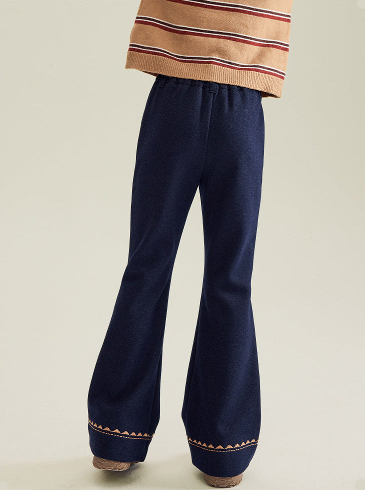 Girls’ Warm Fleece-Lined Embroidered Pants with Slight Flare