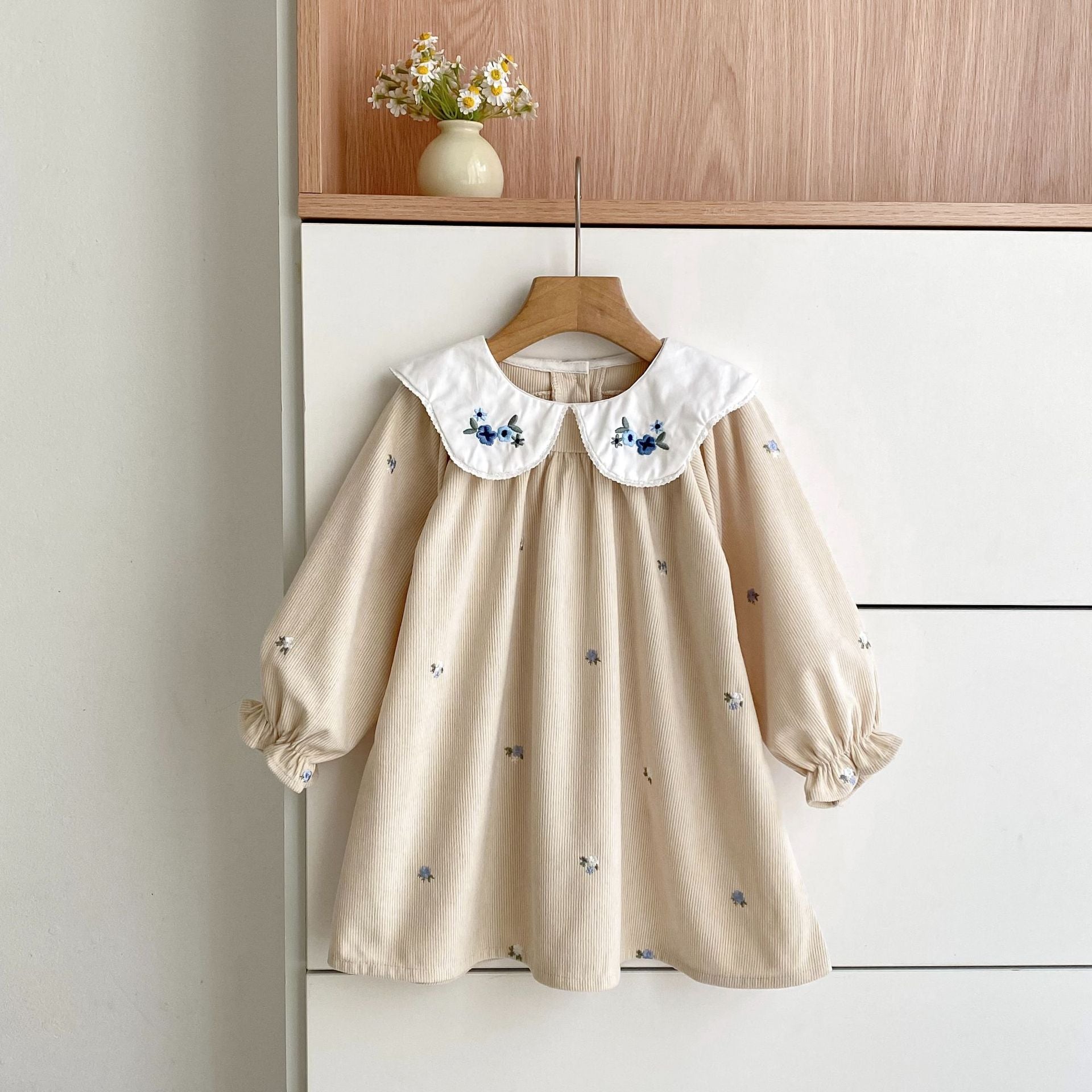 Girls’ Corduroy Long Sleeve Dress with Embroidered Peter Pan Collar