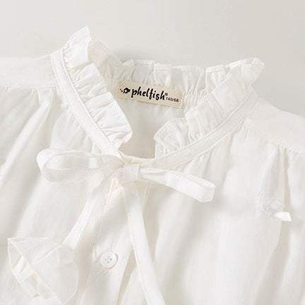 Girls French-Style Ruffle Collar Bow Long Sleeve Shirt & Skirt Set
