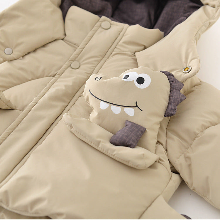 Chaqueta acolchada con capucha y forro polar grueso y cálido con diseño de dinosaurio para niños