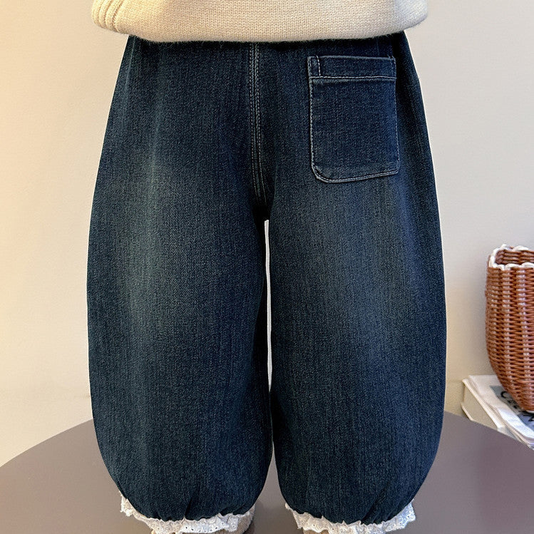 Mädchen Fleecegefütterte warme, niedliche Hasen-Jeans für den Alltag