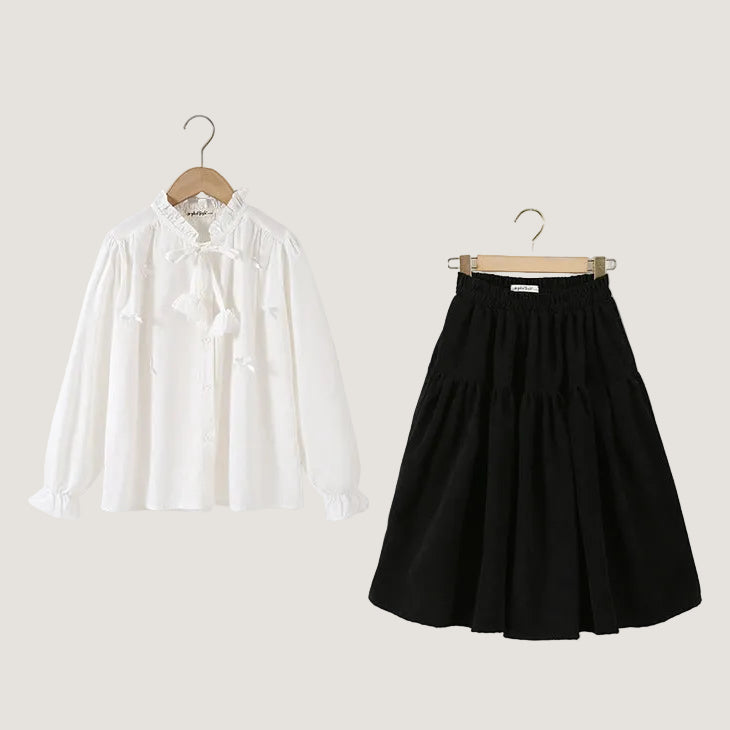 Girls French-Style Ruffle Collar Bow Long Sleeve Shirt & Skirt Set