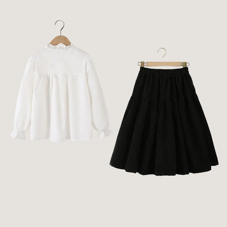 Girls French-Style Ruffle Collar Bow Long Sleeve Shirt & Skirt Set
