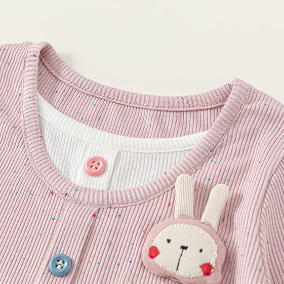 Girls’ Cartoon Bunny Cotton Faux Layered Long Sleeve T-Shirt