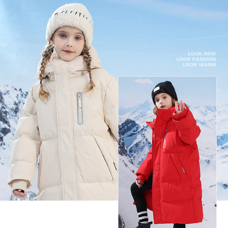 Lange, dicke, warme Daunenjacke mit Kapuze für Kinder