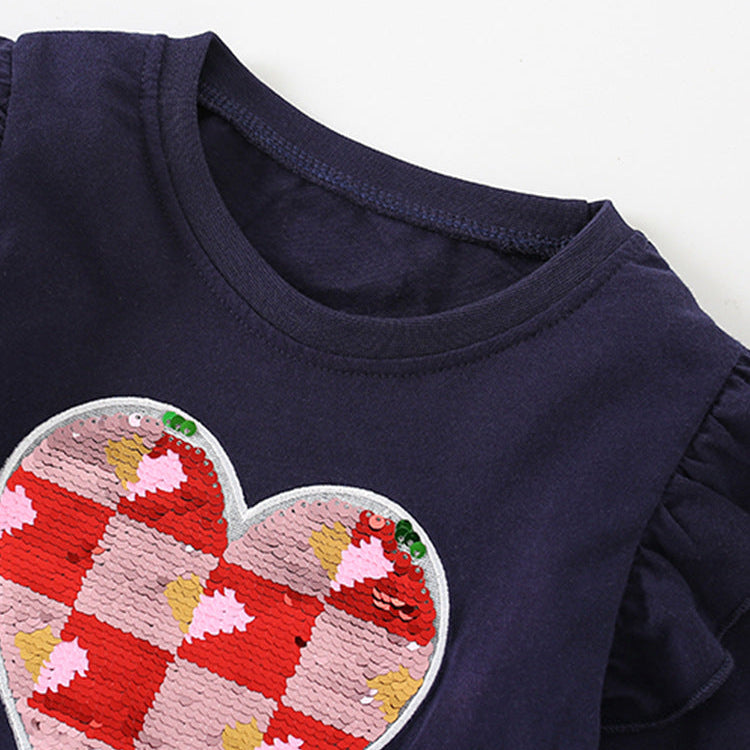 T-shirt à manches longues en coton avec cœur de dessin animé pour filles