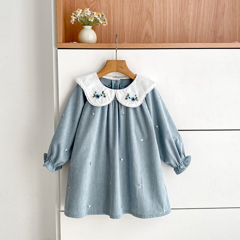 Girls’ Corduroy Long Sleeve Dress with Embroidered Peter Pan Collar
