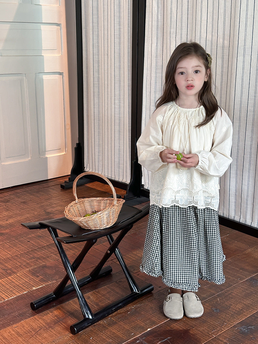 Girls’ Casual Embroidered Flower Long Sleeve Shirt