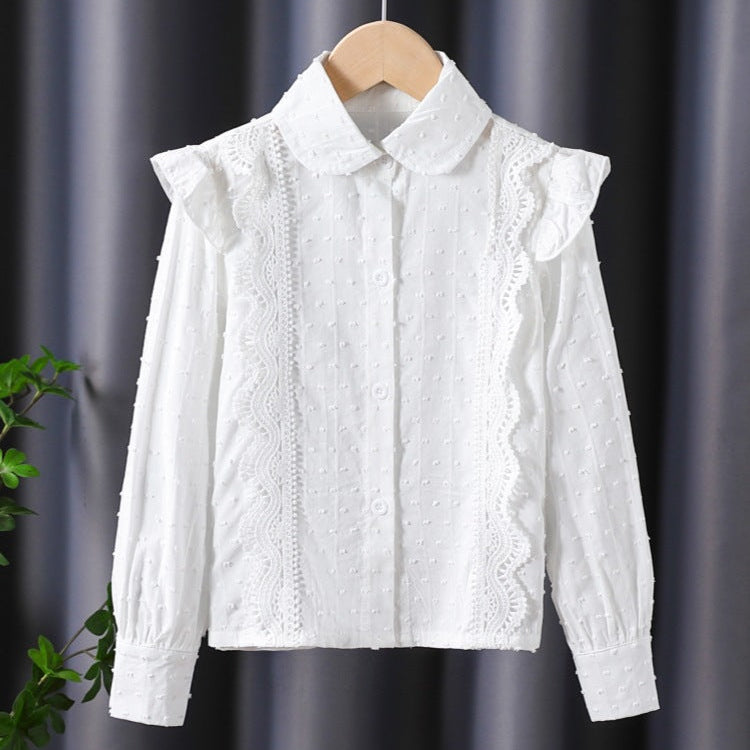 Girls’ Preppy White Cotton Long Sleeve Shirt