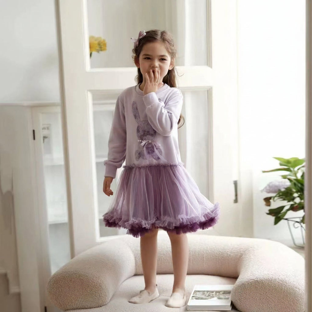 Vestido de tul con diseño de conejito de dibujos animados de otoño para niñas