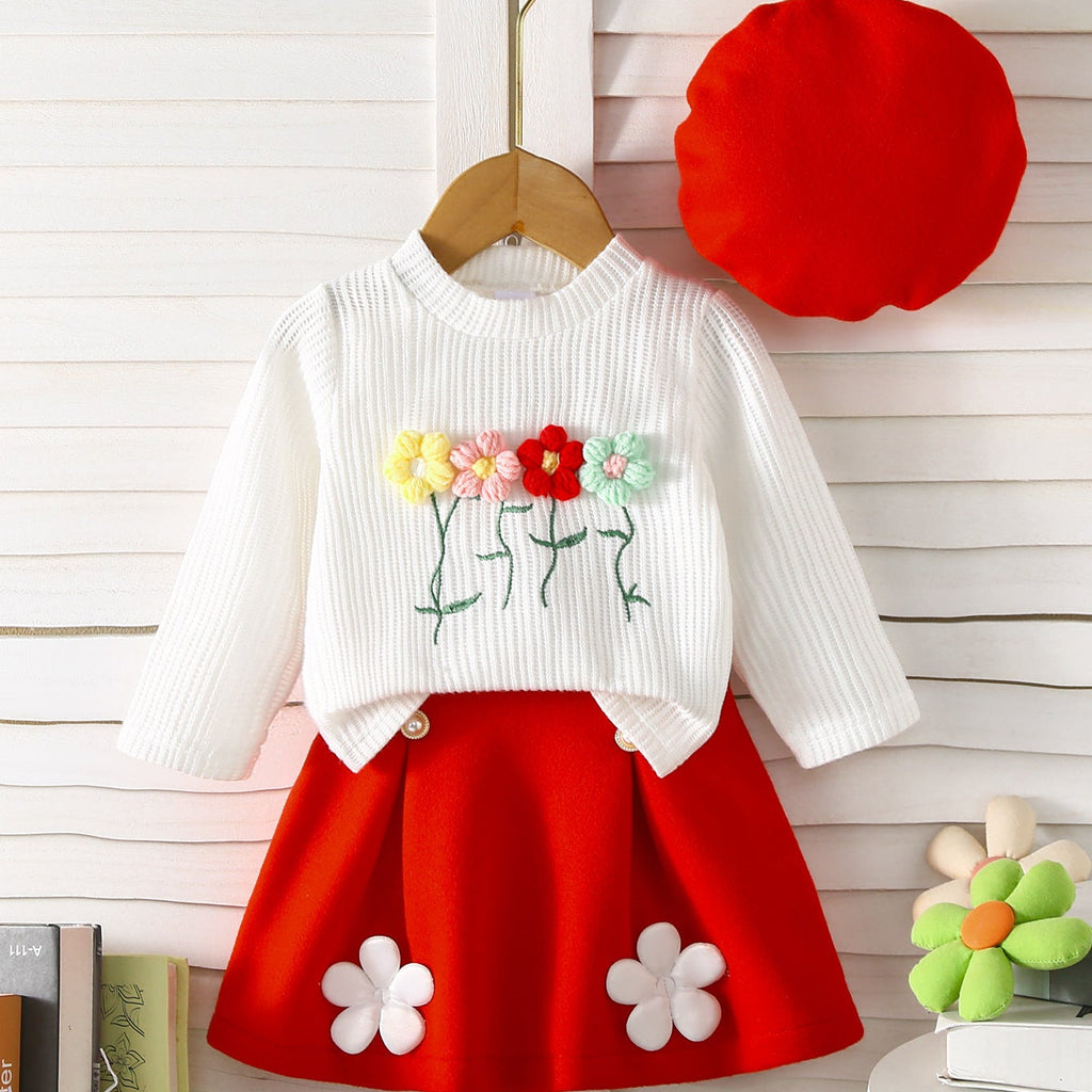 Boutique Girls’ Elegant Floral Pullover Top with Skirt and Beret – 3-Piece Designer Set