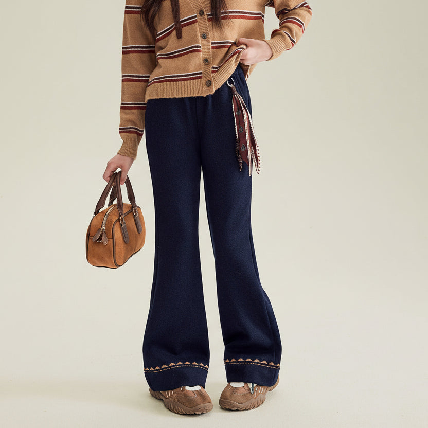 Girls’ Warm Fleece-Lined Embroidered Pants with Slight Flare